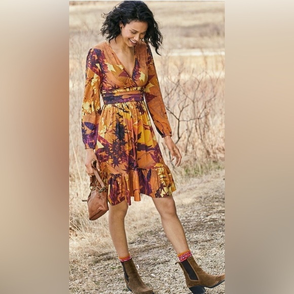 Peruvian Connection Dresses & Skirts - Peruvian Connection Palm Print Jersey Dress Medium Boho Wrap Style Orange Purple